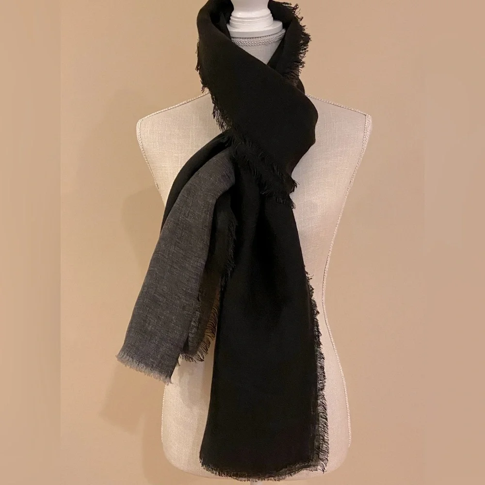 Destin Linen Scarf Wrap Black Gray Made in Italy $340 Retail Luxury Brand - Picture 7 of 16
